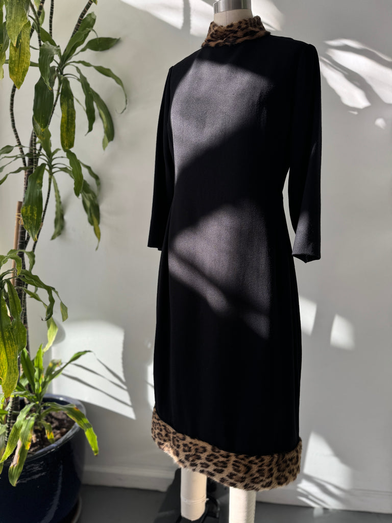 Vintage dress with fur leopard neck and bottom trim