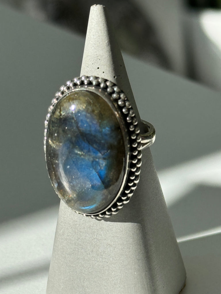 Labraordite + stamped sterling silver ring size “7.5”