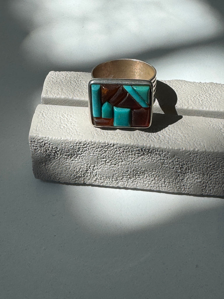 Turquoise and Amber | Sterling silver mosaic ring size 10.25