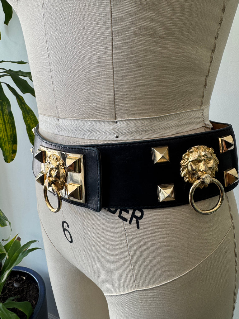 Vintage French lambs skin leather belt with metal lions head detail