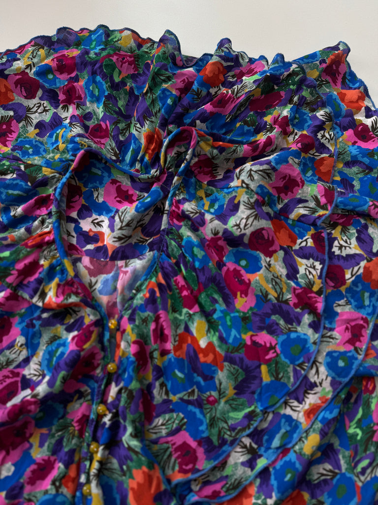 Vintage ruffled silk top vibrant jewel tones