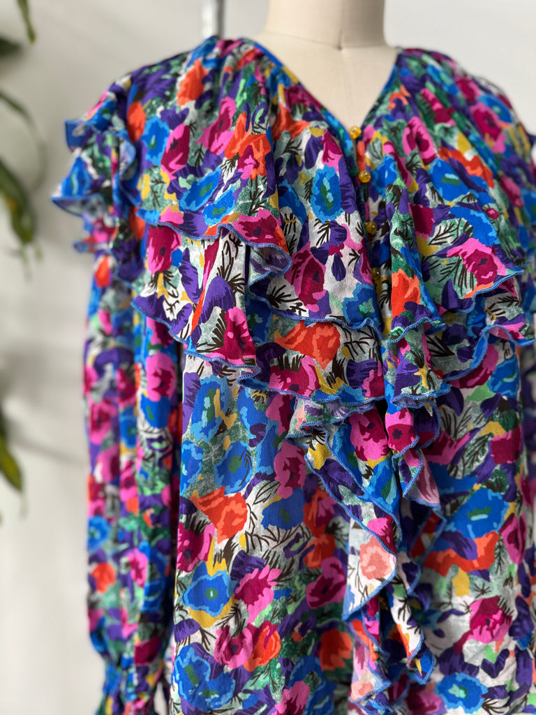 Vintage ruffled silk top vibrant jewel tones