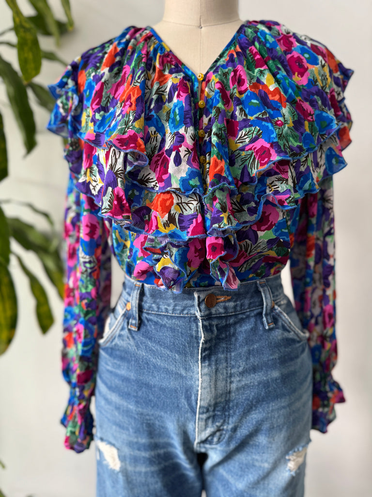 Vintage ruffled silk top vibrant jewel tones