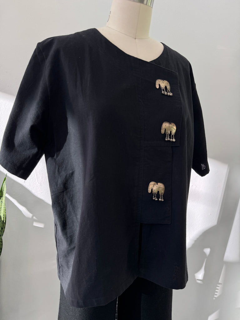 Vintage linen top with metal elephants