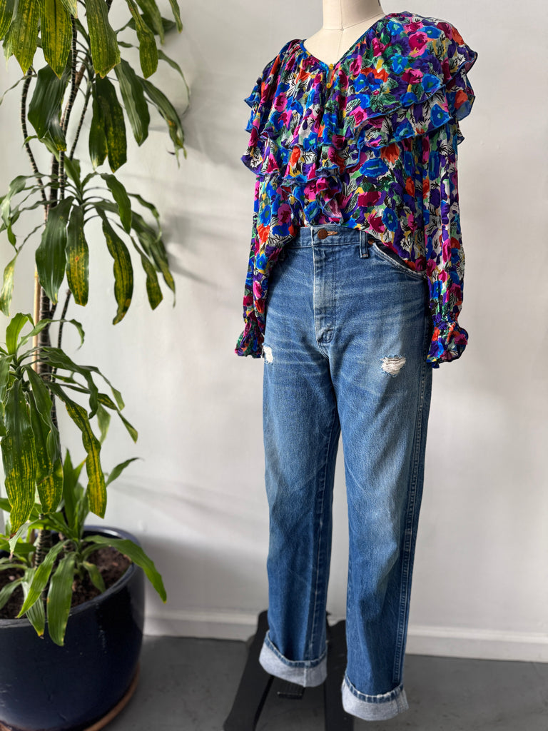 Vintage ruffled silk top vibrant jewel tones