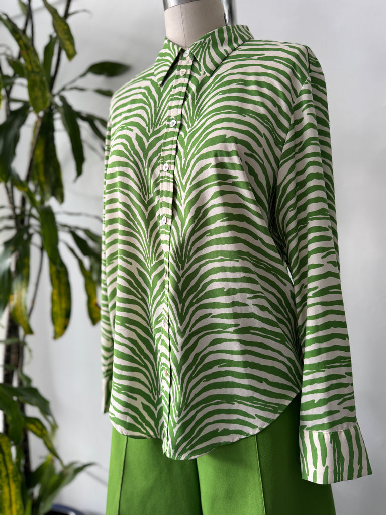 Green zebra print button up top