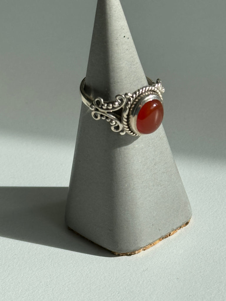 Carnelian and stamped sterling silver ring size 8