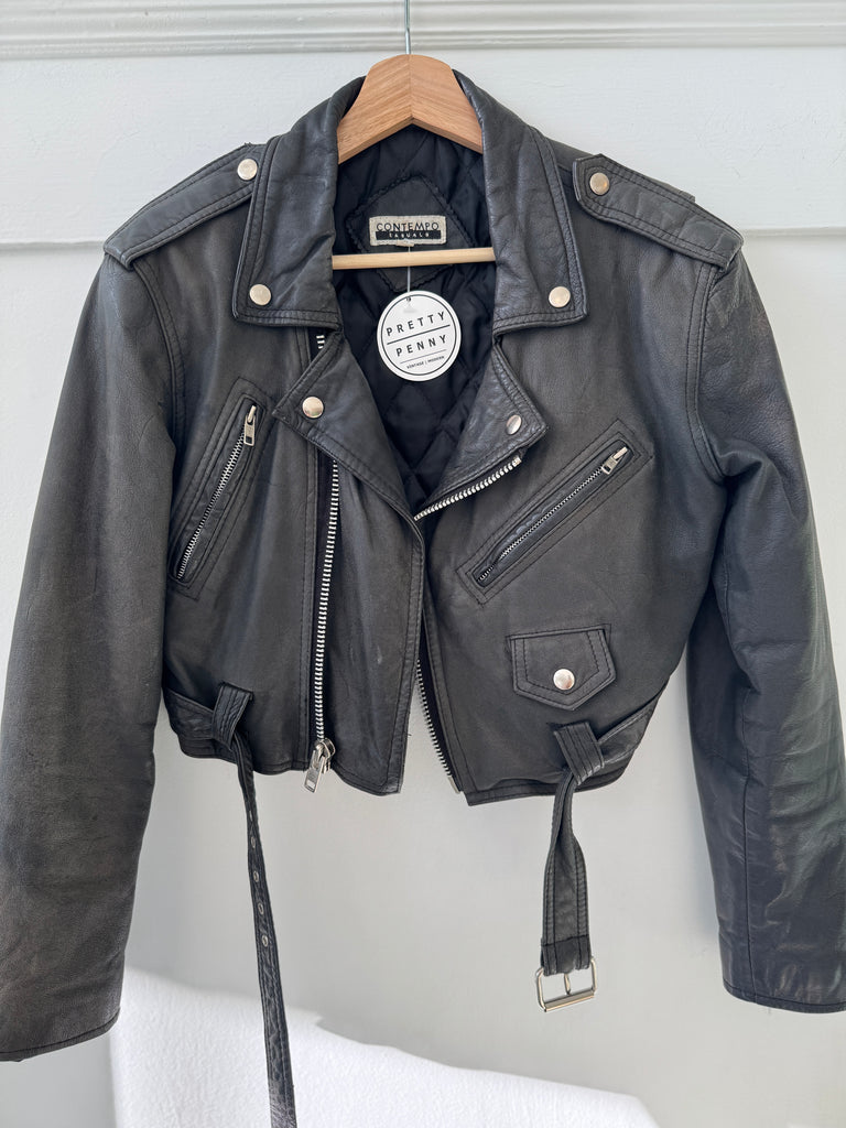 Vintage leather cropped moto jacket