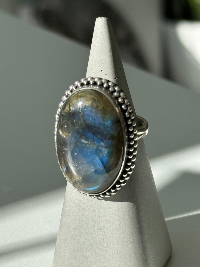 Labraordite + stamped sterling silver ring size “7.5”