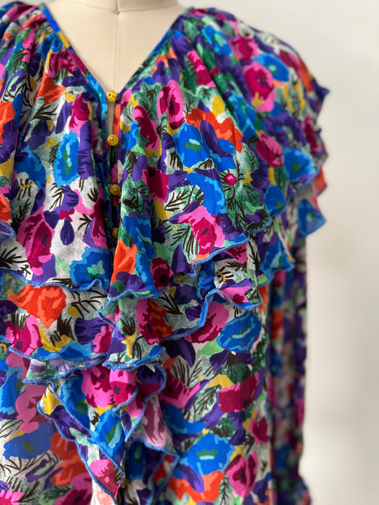 Vintage ruffled silk top vibrant jewel tones