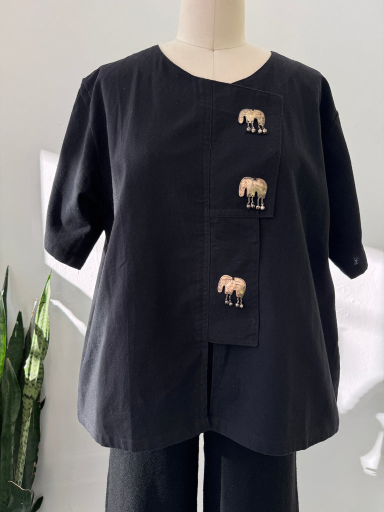 Vintage linen top with metal elephants