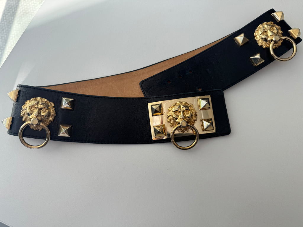 Vintage French lambs skin leather belt with metal lions head detail