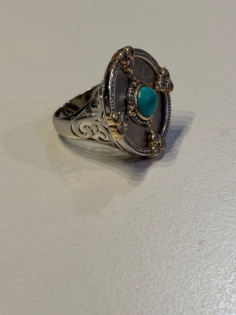 Spiny turquoise with vernmil + cz’s ring size 8