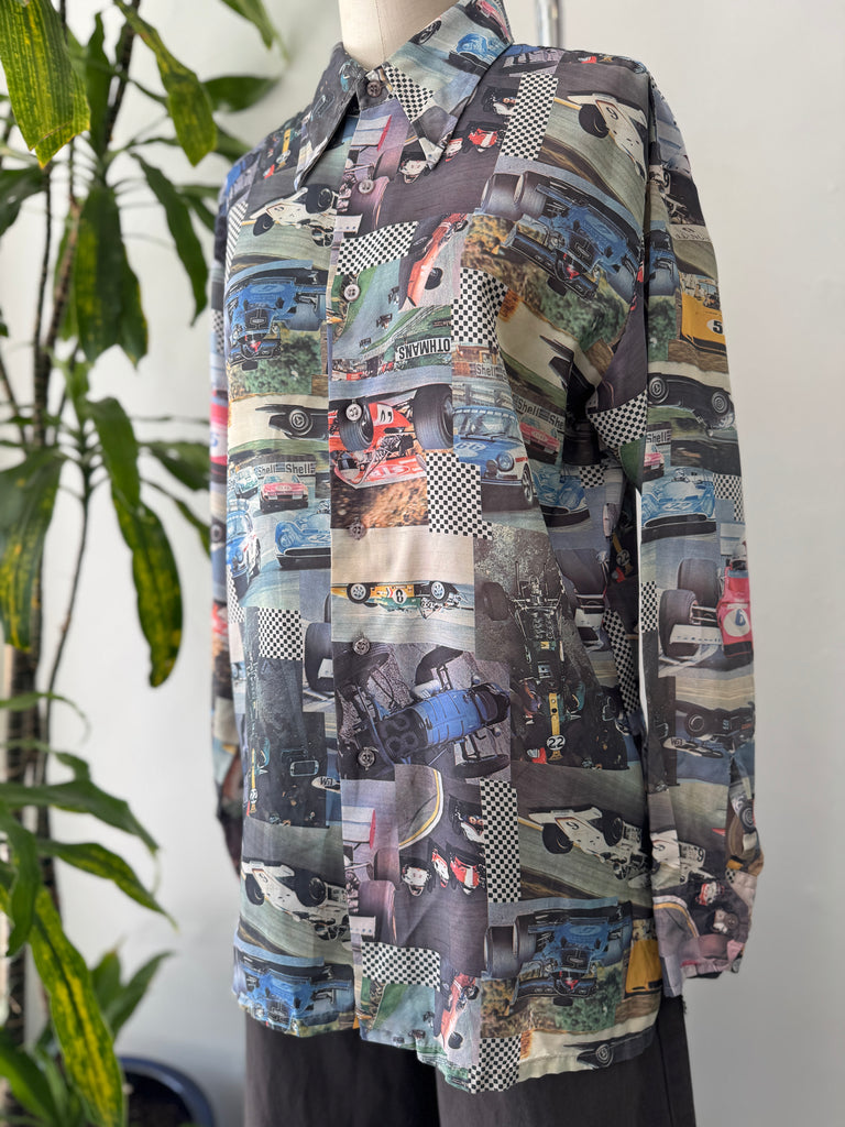 1970’s photo realistic racing car button up top