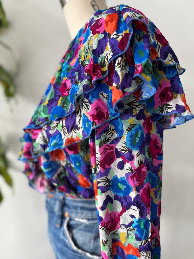 Vintage ruffled silk top vibrant jewel tones