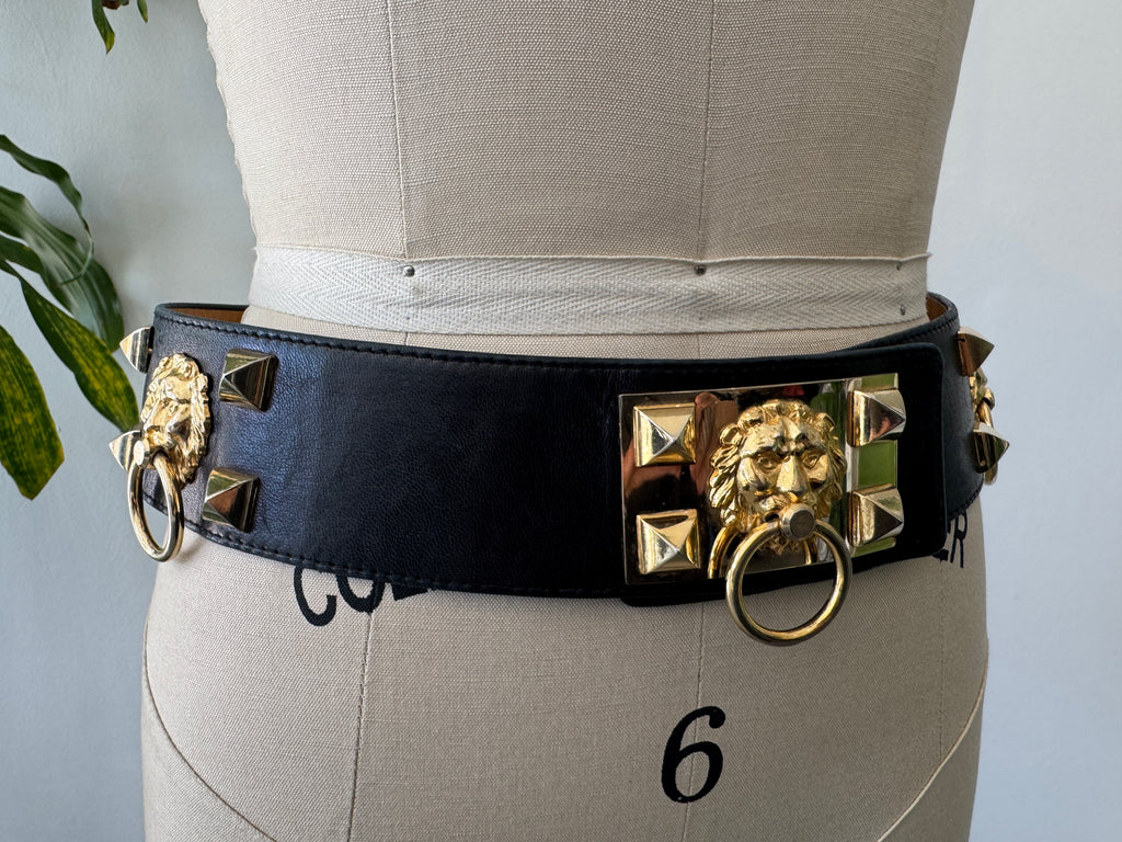 Vintage French lambs skin leather belt with metal lions head detail