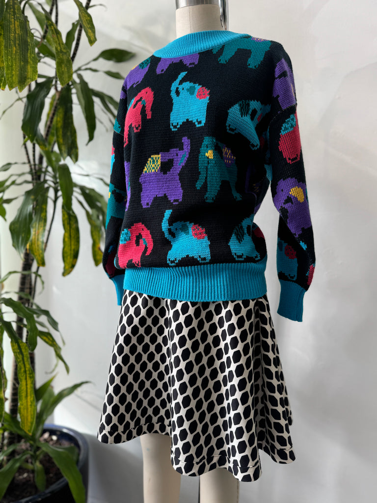 Colorful elephant novelty print knit sweater