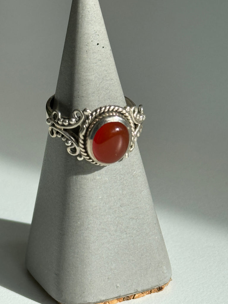 Carnelian and stamped sterling silver ring size 8