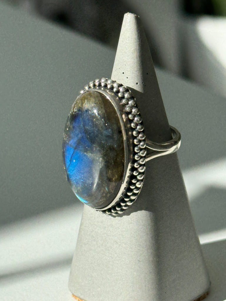 Labraordite + stamped sterling silver ring size “7.5”