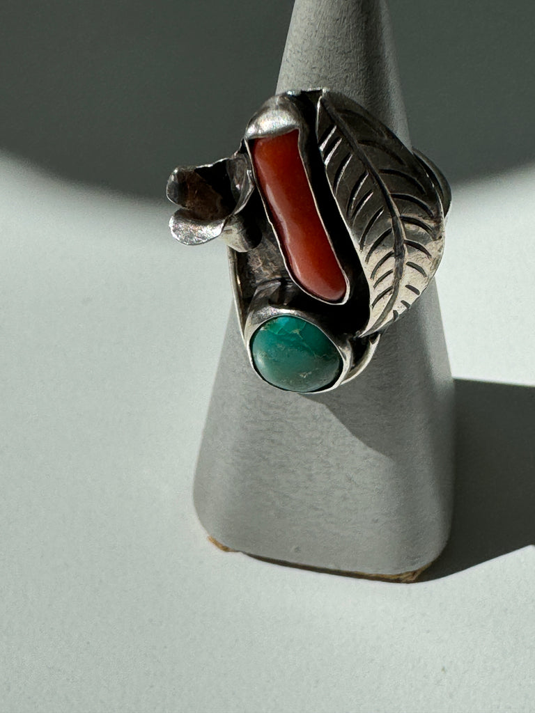 Native Vintage turquoise + coral ring size 6