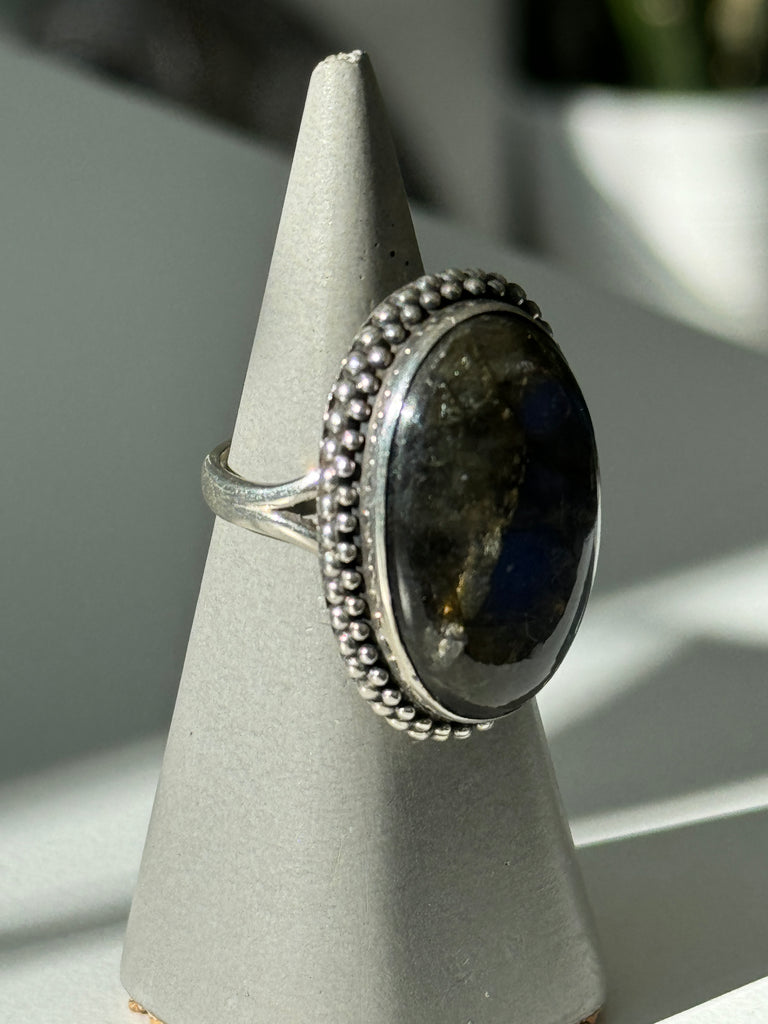 Labraordite + stamped sterling silver ring size “7.5”