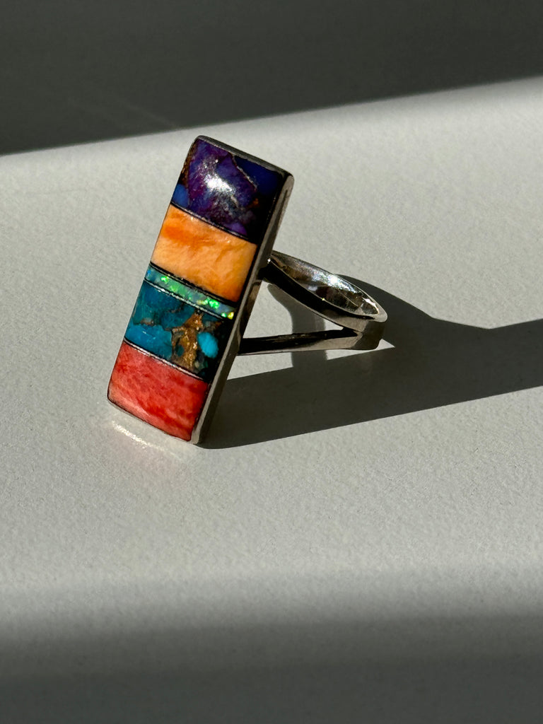 Multi Stone inlay and sterling silver ring size 10