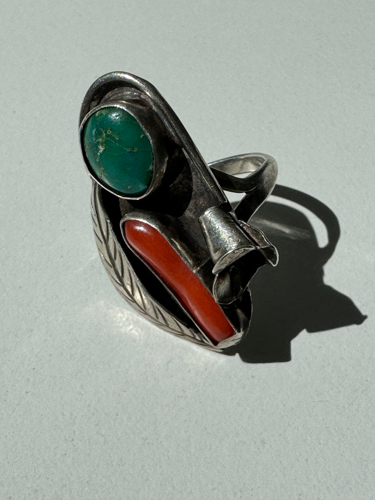 Native Vintage turquoise + coral ring size 6