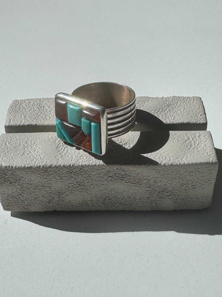 Turquoise and Amber | Sterling silver mosaic ring size 10.25