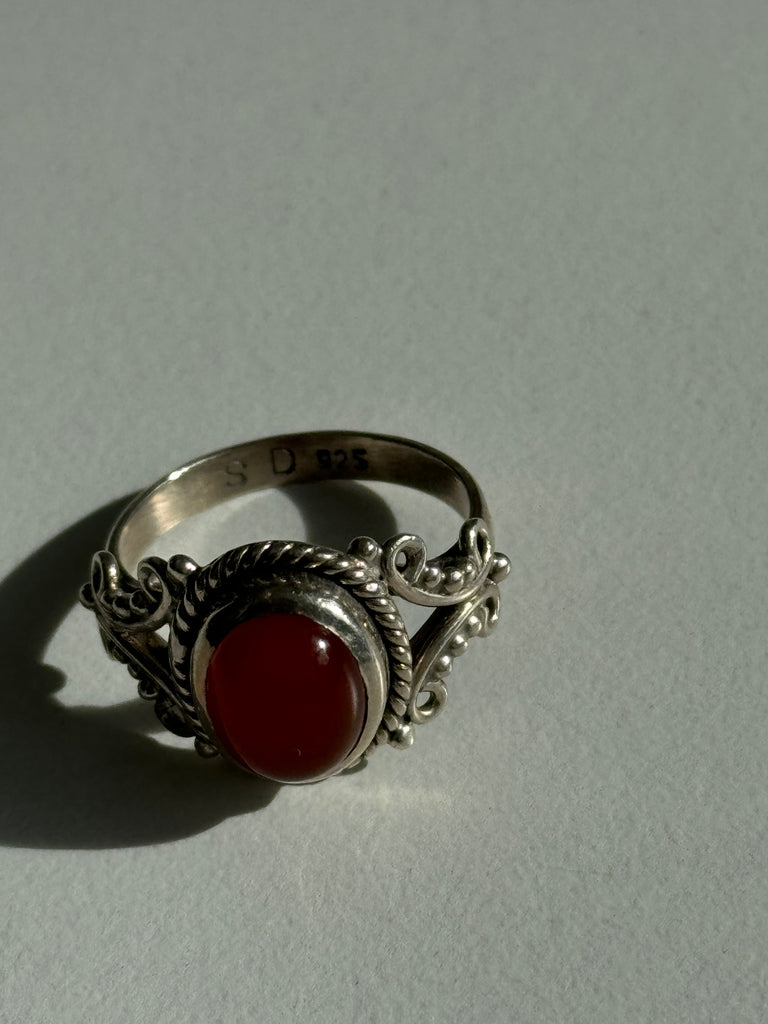 Carnelian and stamped sterling silver ring size 8