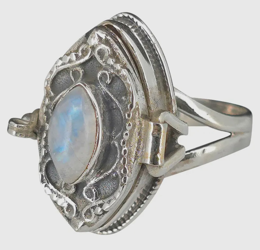 Moonstone sterling silver locket poison ring size 8