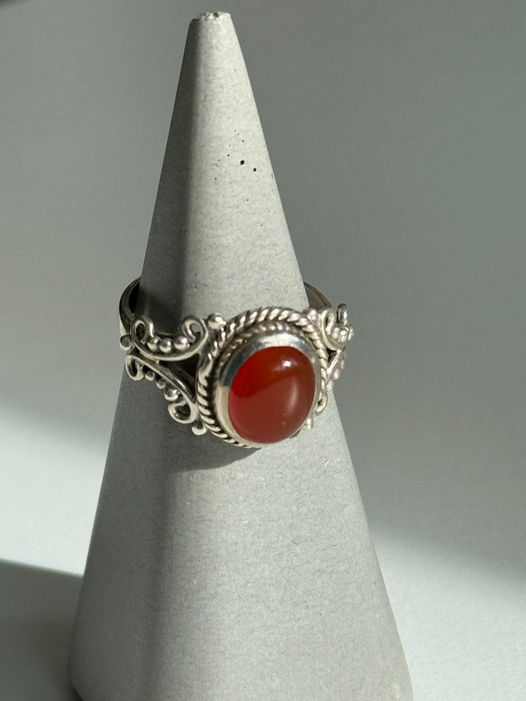 Carnelian and stamped sterling silver ring size 8