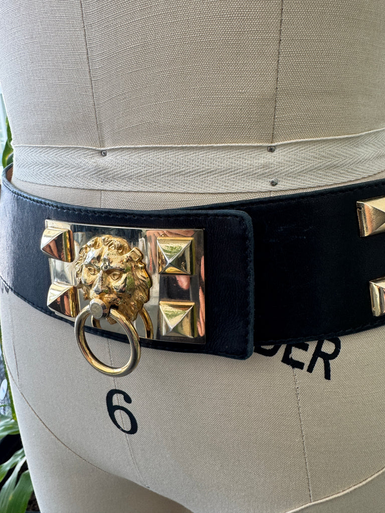Vintage French lambs skin leather belt with metal lions head detail