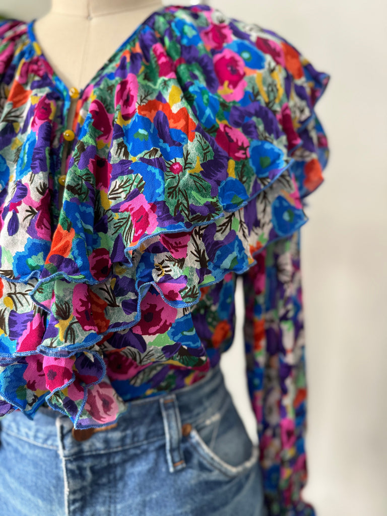 Vintage ruffled silk top vibrant jewel tones