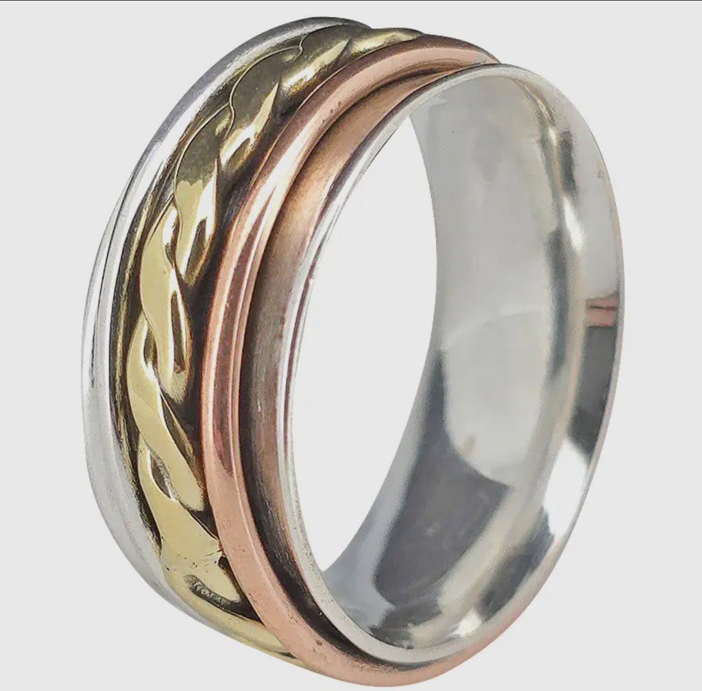 Silver, brass and copper fidget ring size 7