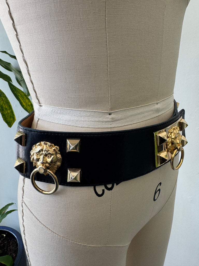 Vintage French lambs skin leather belt with metal lions head detail
