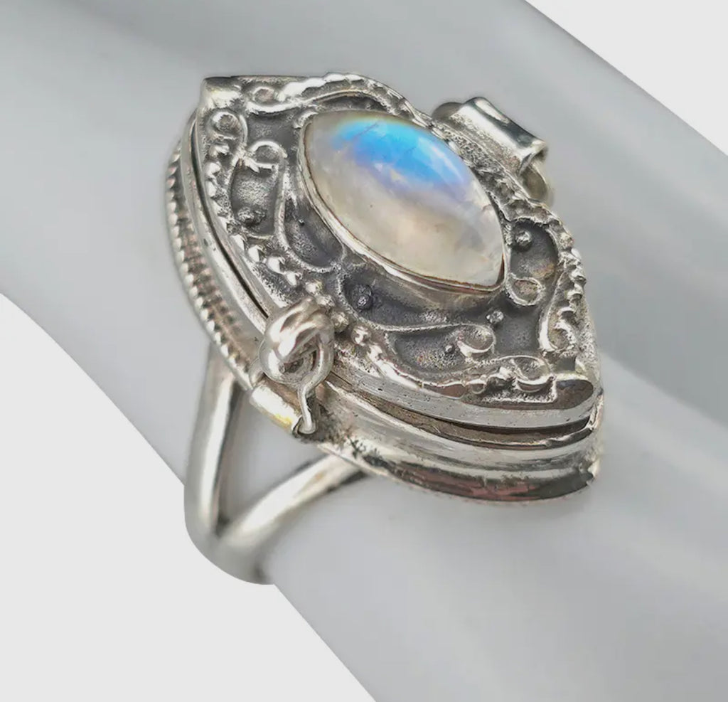 Moonstone sterling silver locket poison ring size 8