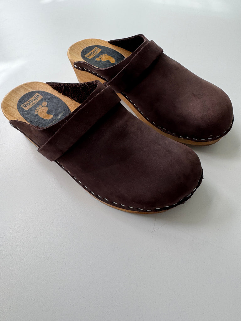 Swedish brown suede clogs size 8.5
