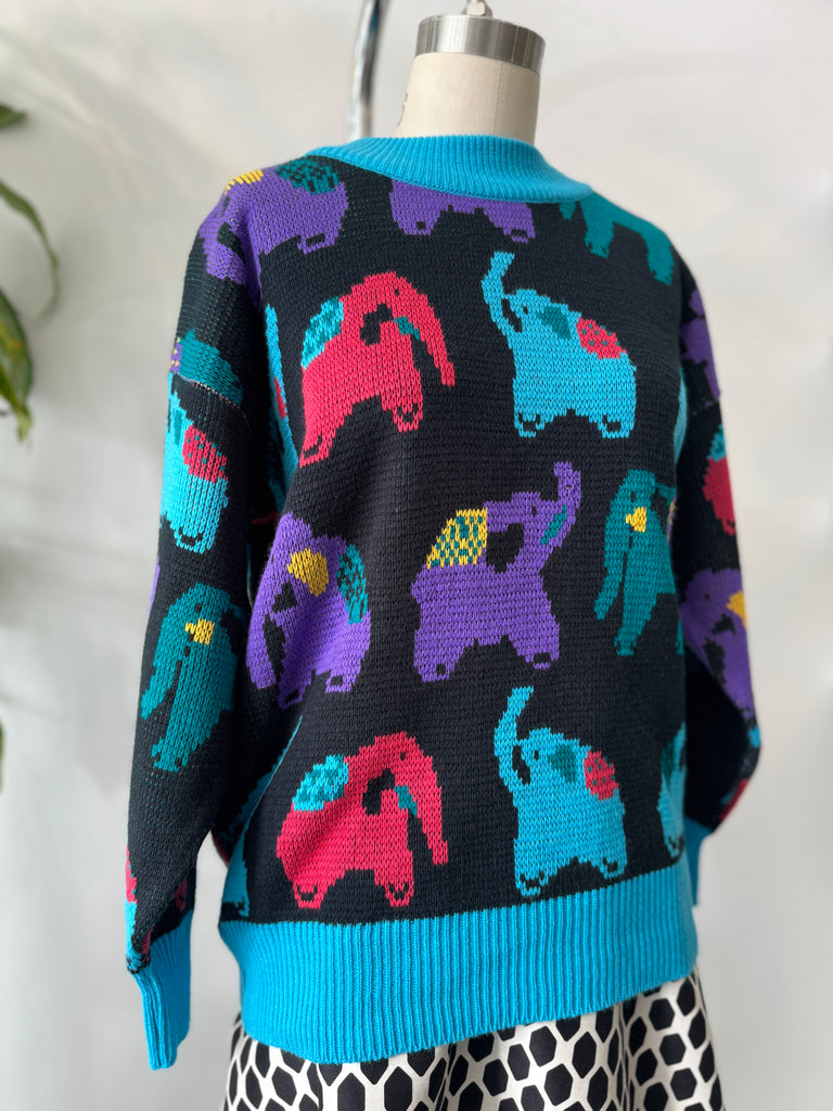 Colorful elephant novelty print knit sweater