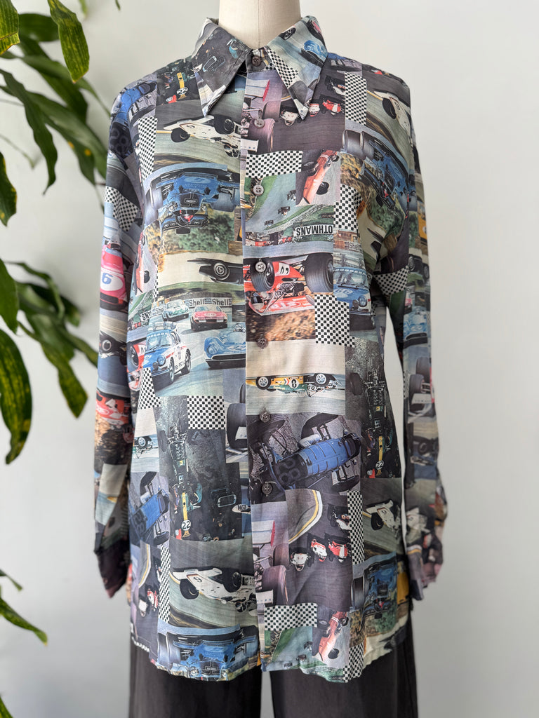 1970’s photo realistic racing car button up top