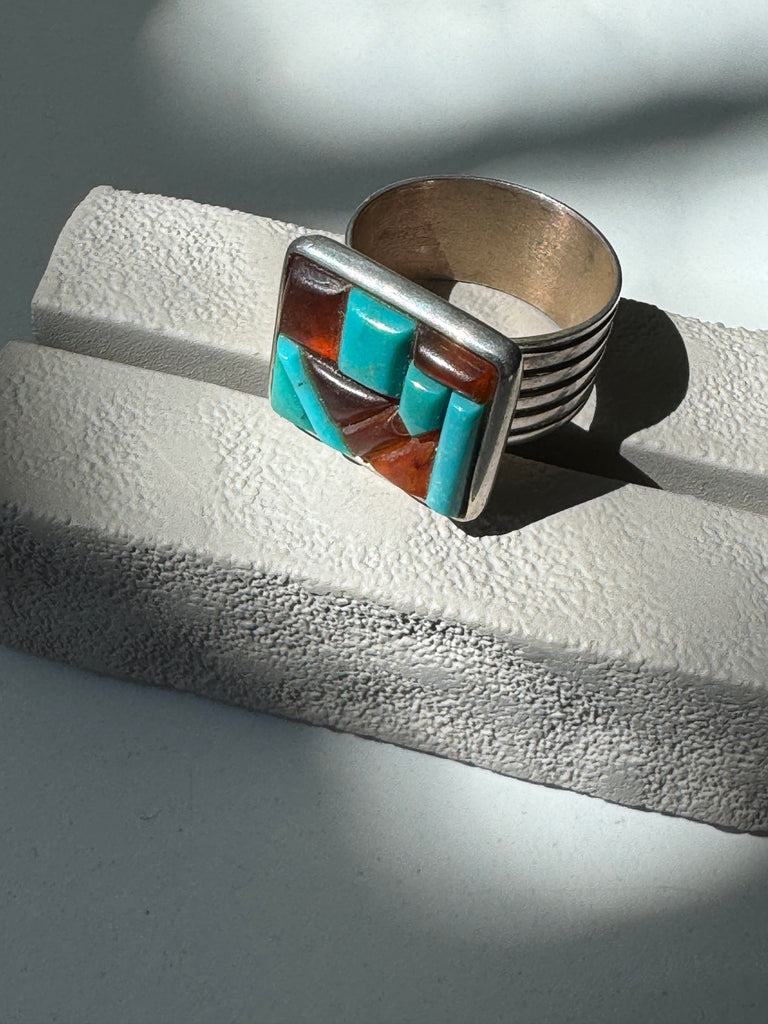 Turquoise and Amber | Sterling silver mosaic ring size 10.25