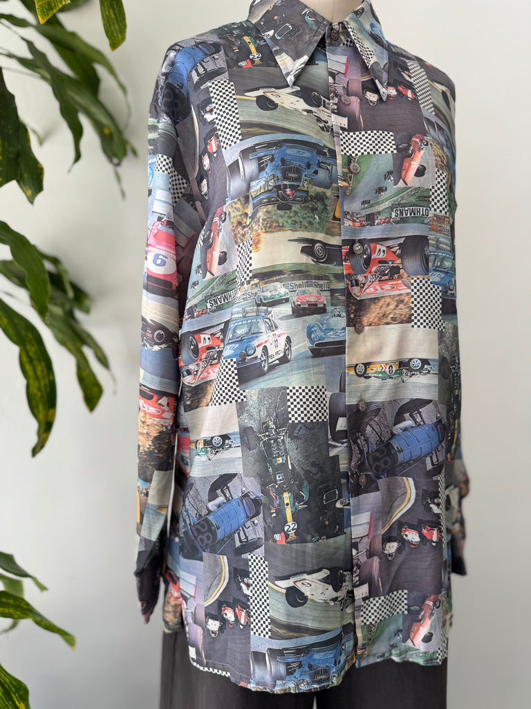 1970’s photo realistic racing car button up top