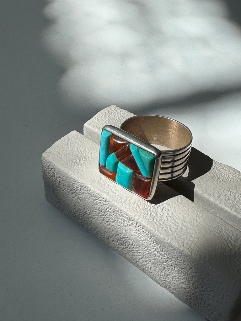 Turquoise and Amber | Sterling silver mosaic ring size 10.25