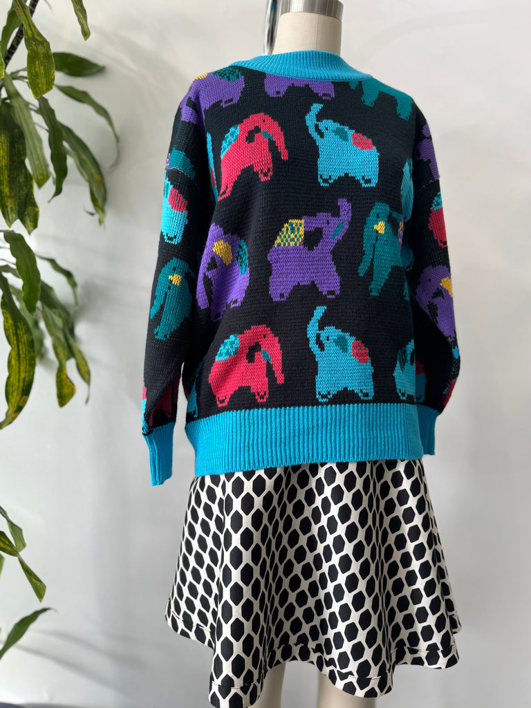 Colorful elephant novelty print knit sweater