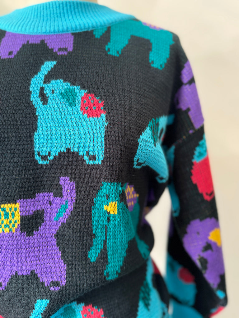 Colorful elephant novelty print knit sweater