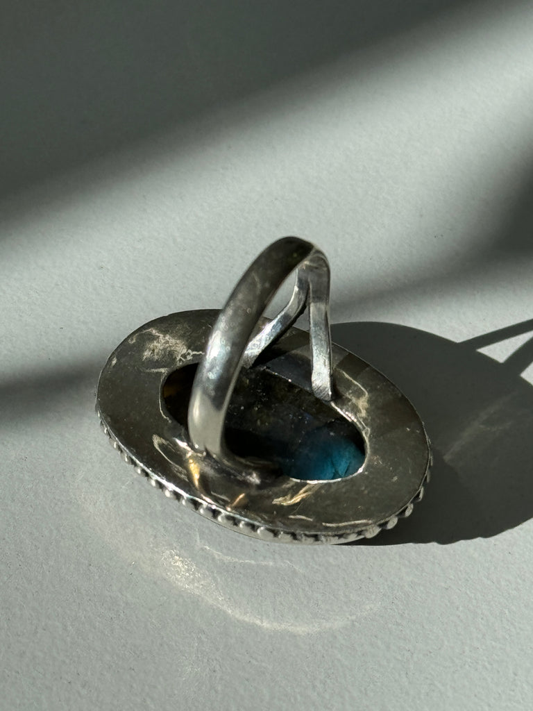 Labraordite + stamped sterling silver ring size “7.5”