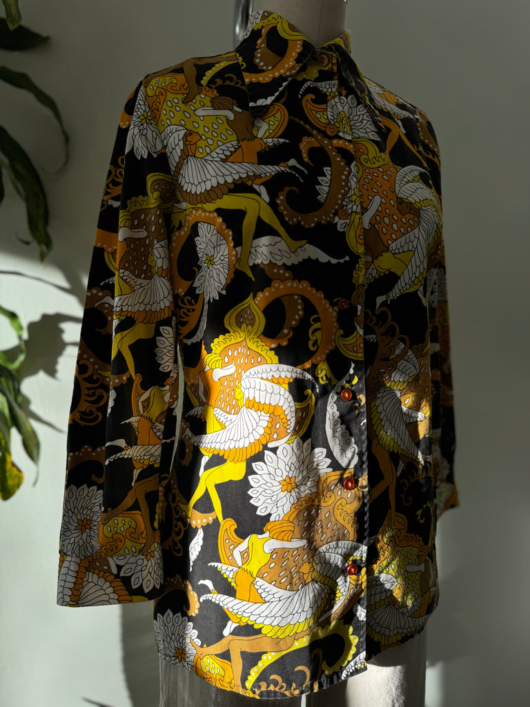1970’s amazing print button up top