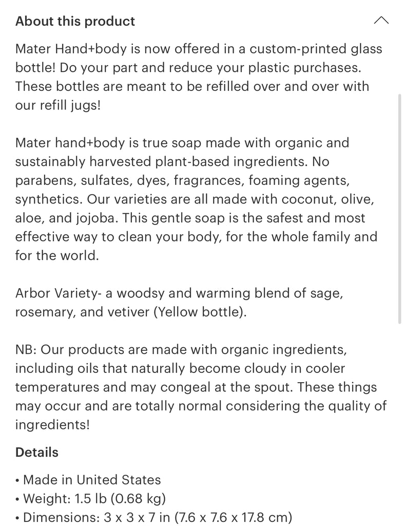 Mater Soap | arbor soap | glass bottle