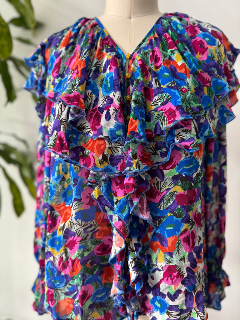 Vintage ruffled silk top vibrant jewel tones