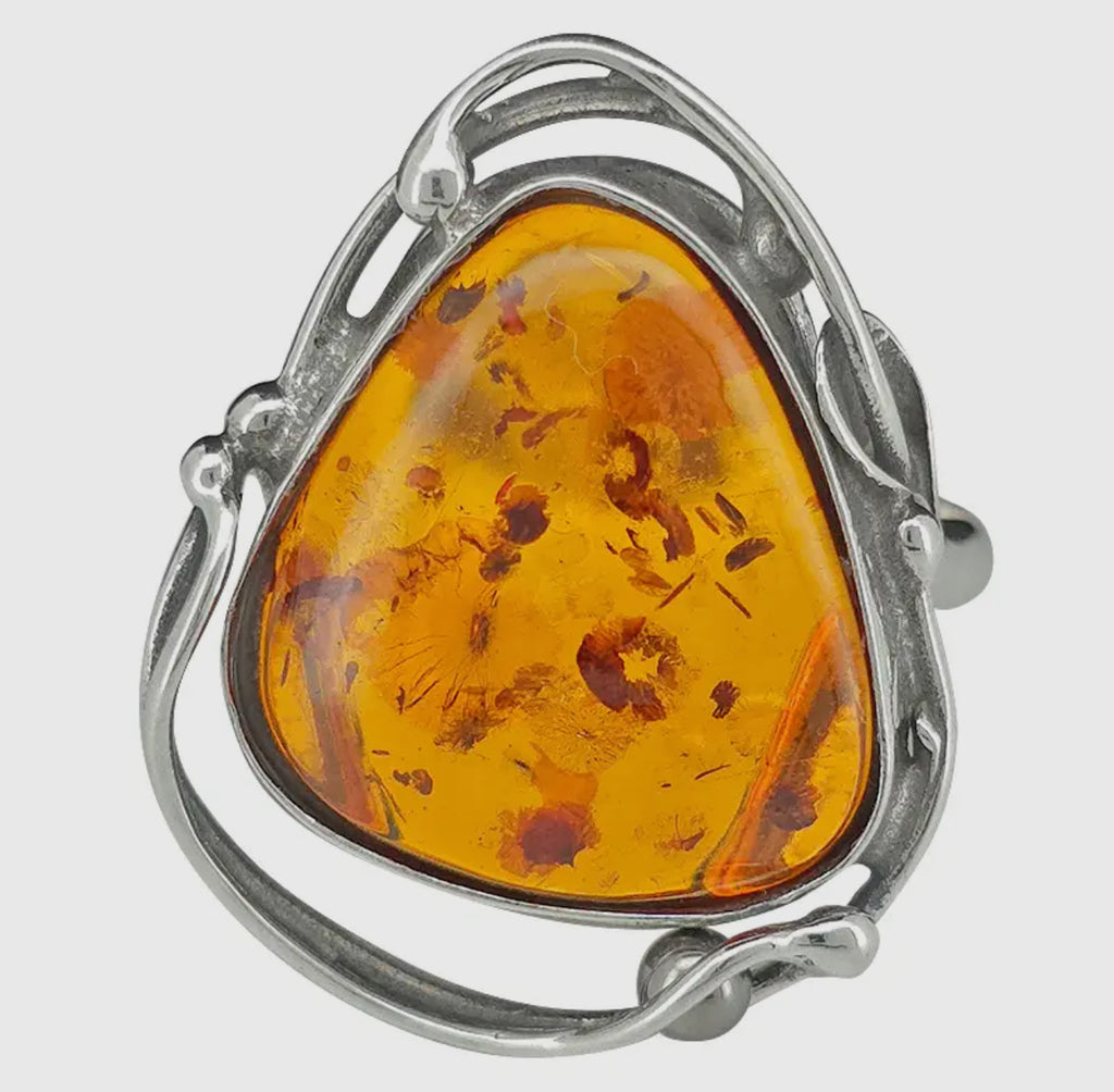 Handmade cognac amber and sterling silver ring size 6