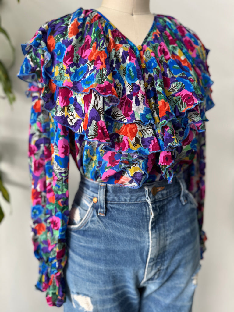 Vintage ruffled silk top vibrant jewel tones